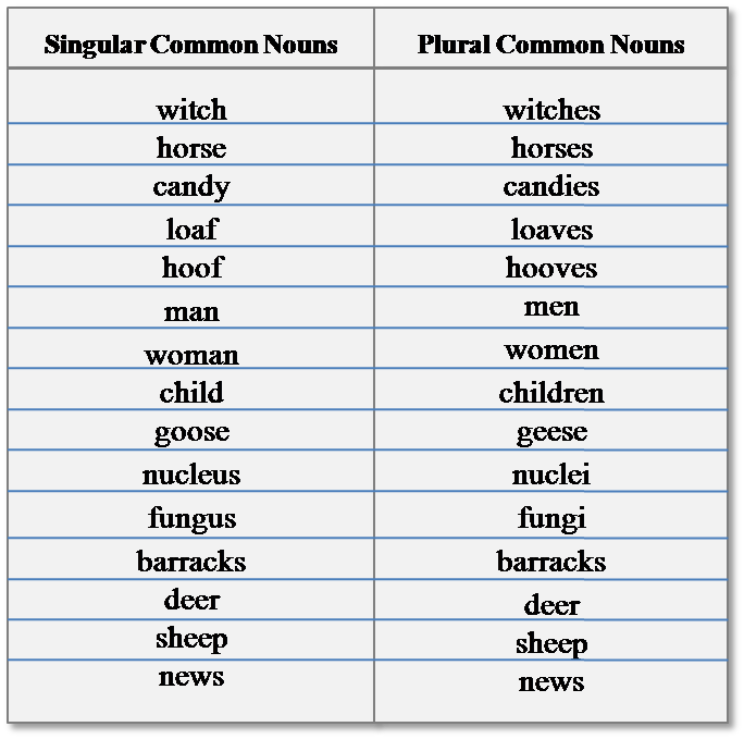 common noun singular to plural